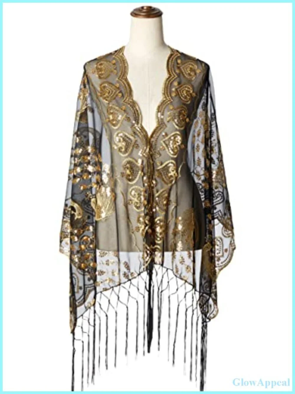 Sequin Fringed Evening Shawl Wrap 1920s Flapper Cape Cover Up